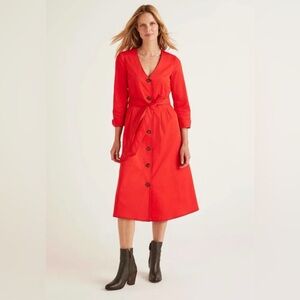 Boden Red Button Front Midi Dress Size 16 Cotton Pockets